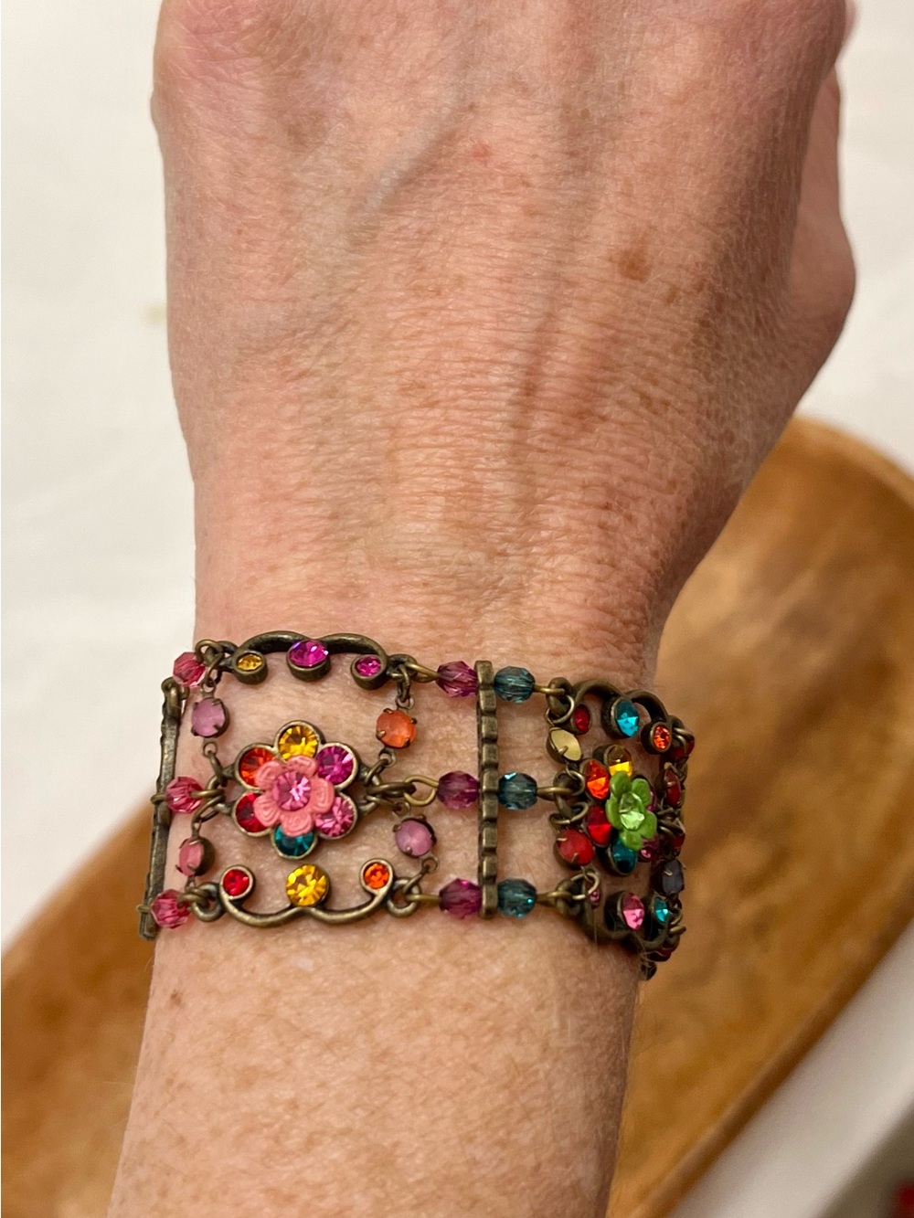 Vintage Ornate Rhinestone Bracelet Bronze Art Nouveau Jewelry Bright Colorful - Picture 5 of 7